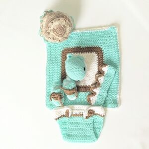 Handmade Matching Crochet Whale Lovey Baby Crib Set in Aqua and Brown-ish/Tan